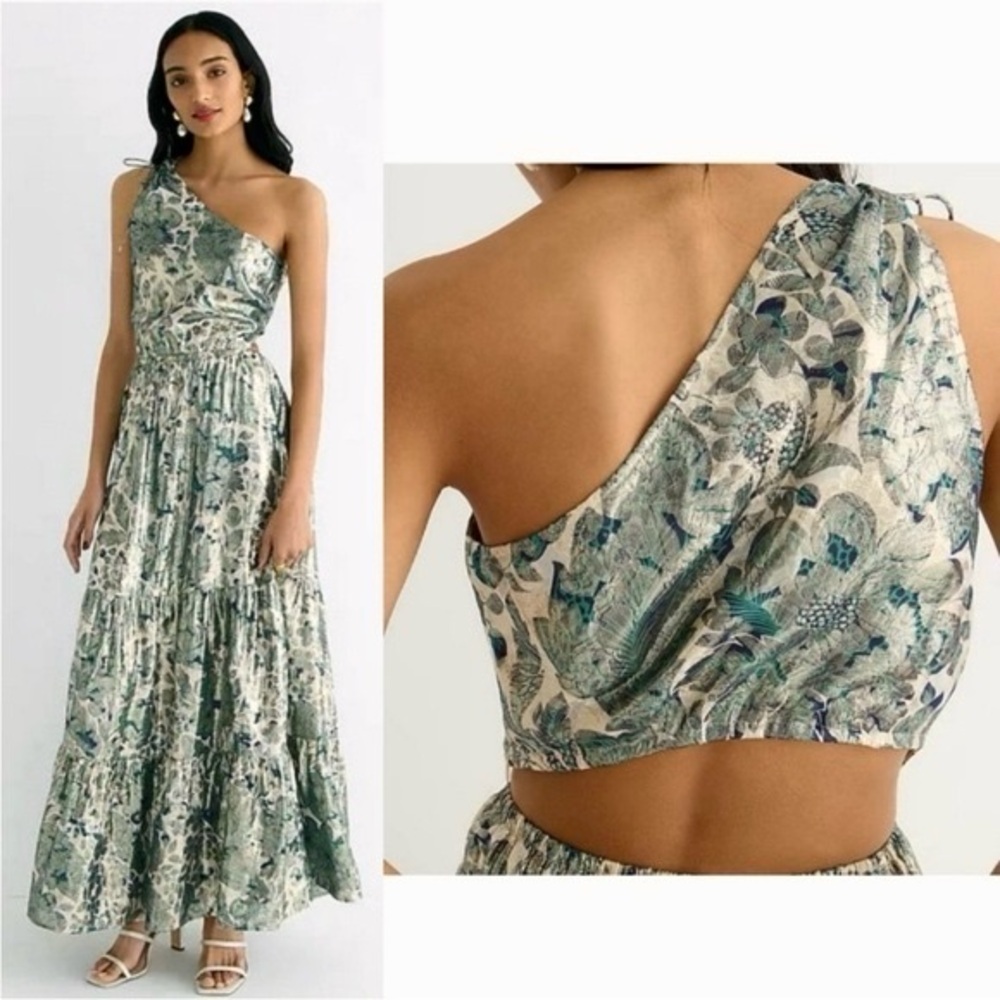J. Crew Collection One Shoulder Metallic Shimmer Cutout Floral Maxi Dress, Sz 14